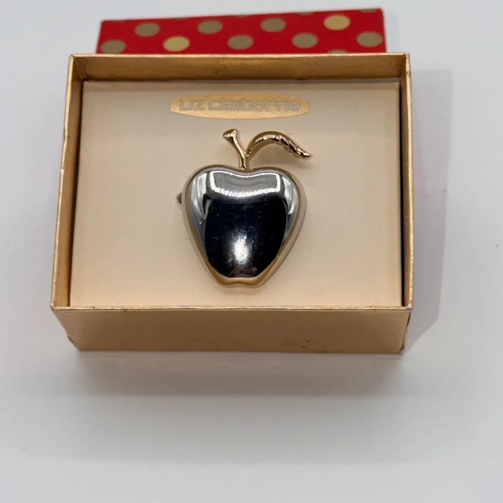 Liz Claiborne Apple Brooch Women OS Silver Gold Two-Tone Vintage Teacher Pin